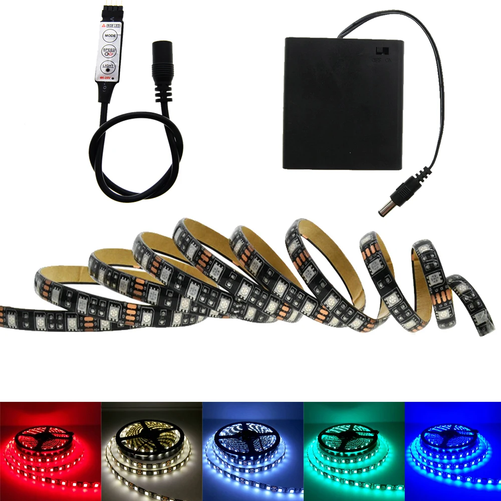 Светодиодная лента на батарейках 5050 RGB черная печатная плата IP20/IP65