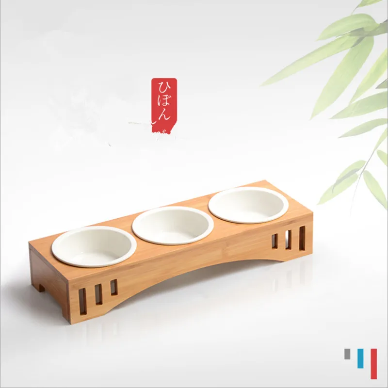 Кошка Собака миска-кормушка Керамика посуда 1/2/3 миски Еда миска для воды и бамбуковым корпусом противоскольжения товары для домашних животных, собаки кошки кормушки