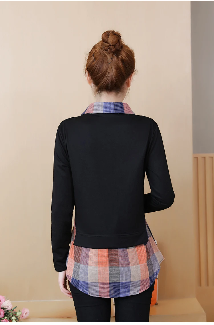 Turn-Down воротник плед Лоскутная футболка леди поддельные два Топы M ~ 5XL