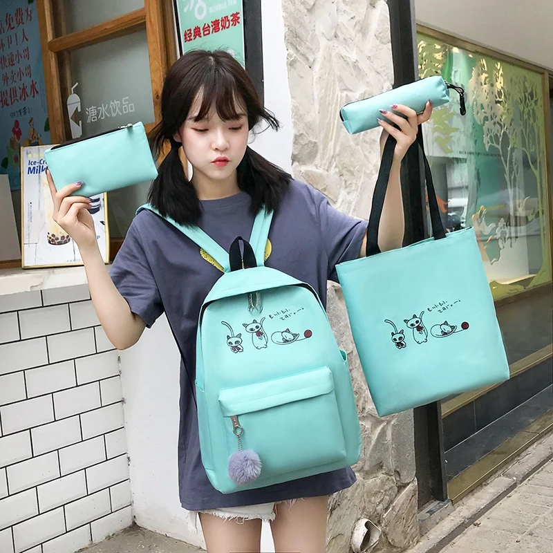 4Pcs/Set Travel Casual Oxford Letter Backpack Preppy Style Cute School Bags For Teenage Girls Women Cat Book Bag Rucksack Dame