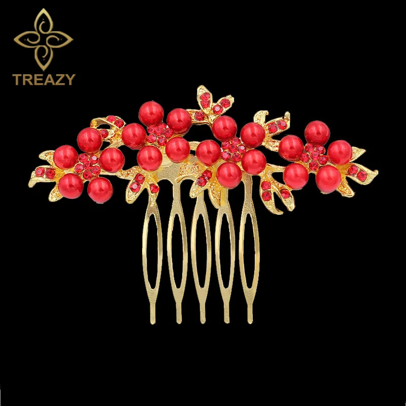 Design 6 Gold Red TREAZY/свадебные расчески для волос золотого цвета для женщин, украшенные жемчугом и кристаллами, свадебные аксессуары для волос, головной убор для дня рождения, диадема для невесты - Окраска металла: Design 6 Gold Red
