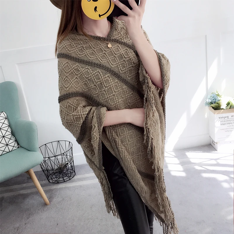 Fashion Female Women's Long Plus Size Tassel Bat sleeve striped Loose Knitted Winter Capes &amp Ponchos Clothes Clothing Outerwear |