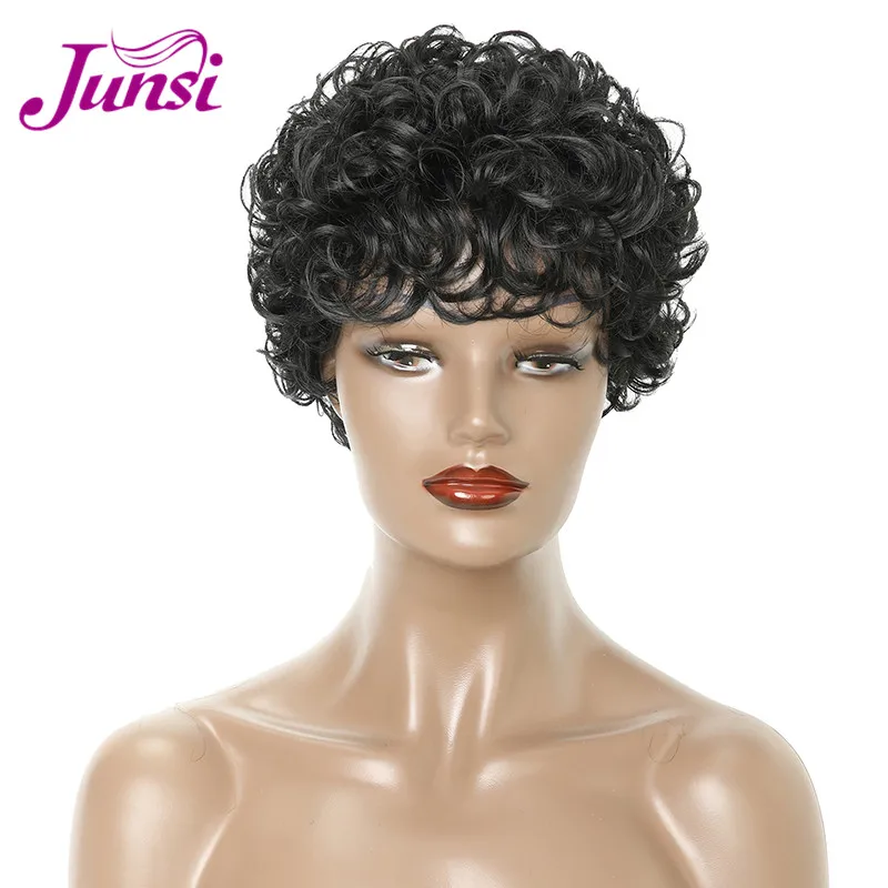 

JUNSI Short Pixie Cut Curly Hair for Women Mixed Brown Color Synthetic Hair