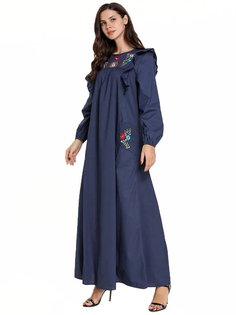 

Muslim Casual Women Long Sleeve Embroidery Dress Dubai Abaya Kaftan Islam Jilbab Robe Gown Maxi Dress Arab Round Collar Dresses