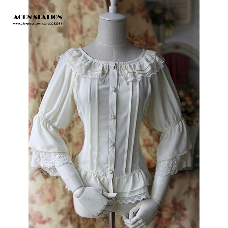 Бесплатная доставка белая шифоновая блузка в стиле &quotЛолита&quot бежевого цвета с