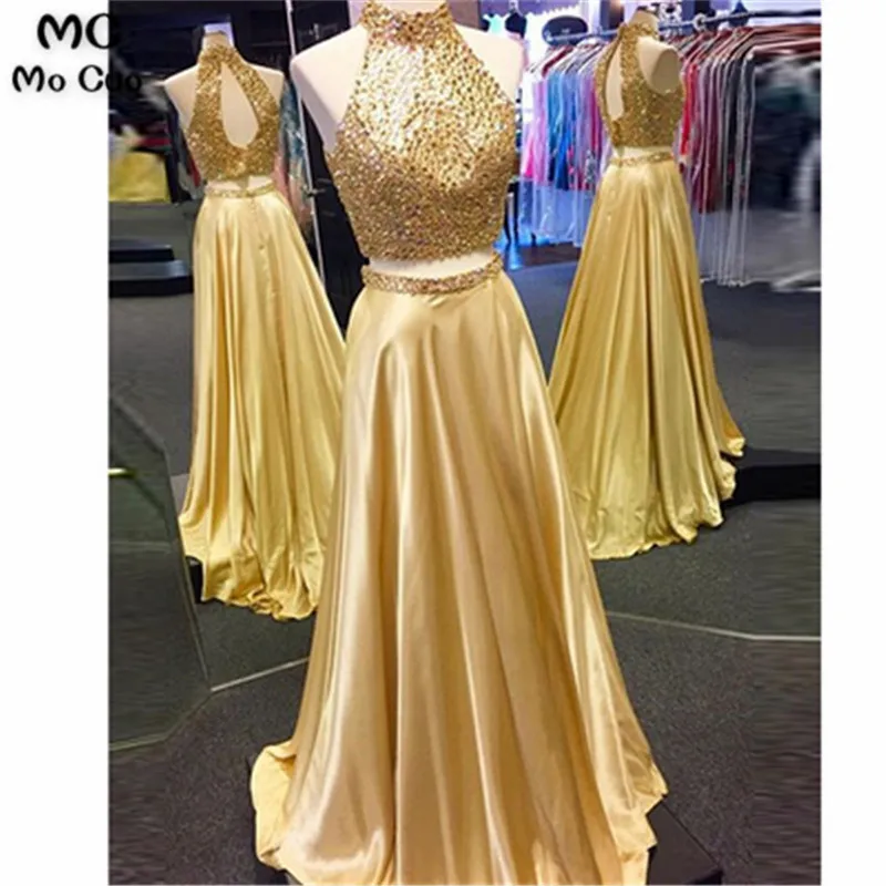 

Sexy Two Pieces Gown A-Line Evening dresses Long with Beaded Vestidos de fiesta Satin High Neck Deep V-Neck Evening Dress