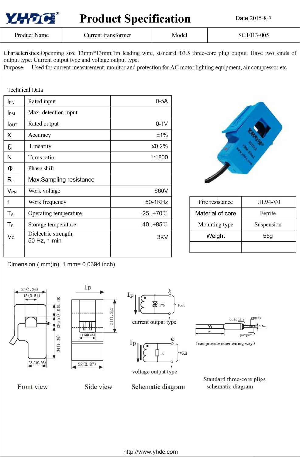 Бесплатная доставка SCT013-005 Input0-5A выход 0-1 В открытым size13 * 13 мм split сердечника
