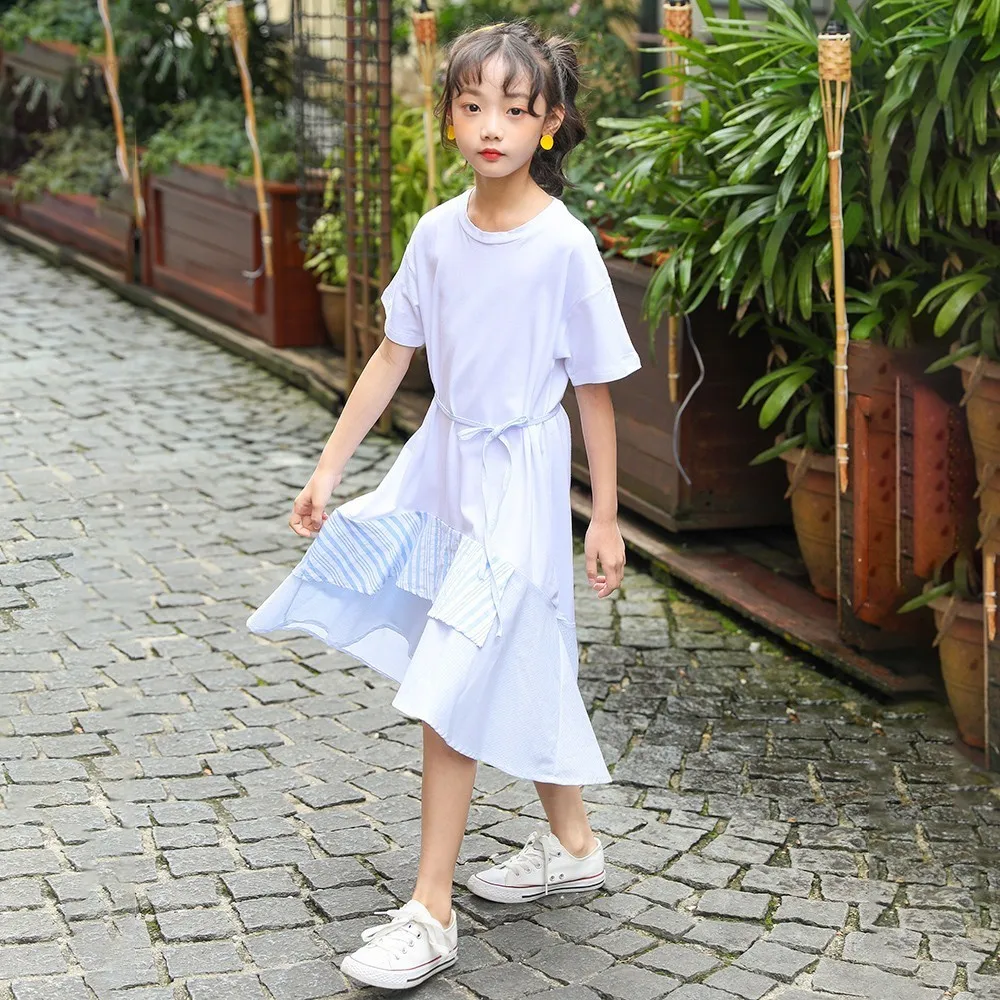 New 2020 Summer Striped Patchwork Big Girls Dresses Kids Toddler Dress Girl Princess Children White Blue Clothing | Детская одежда и