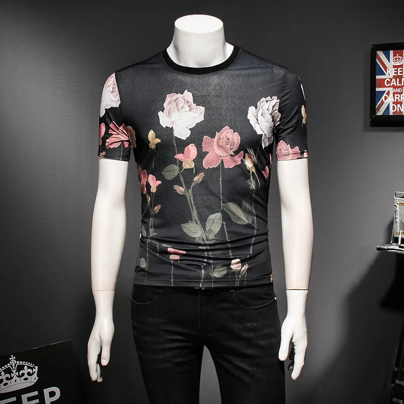 

Flower pattern exquisite 3d print fashion slim short-sleeved t shirt Summer 2019 New quality soft comfortable luxury t shirt men