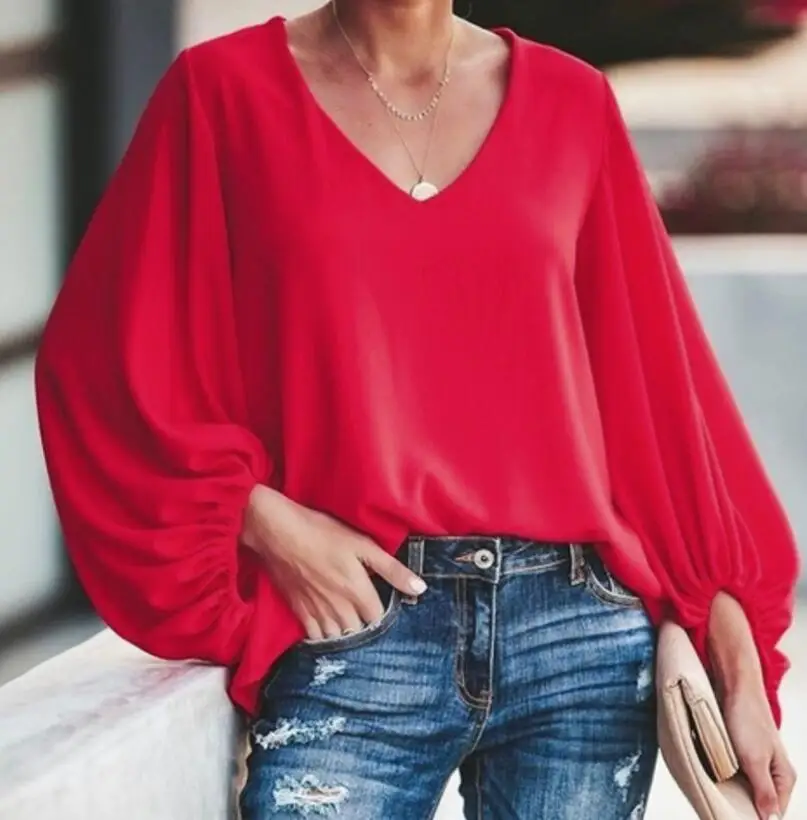 red Baharcelin 4XL 5XL летние женские рубашки для девочек топы Летняя однотонная втулка Свободная шифоновая блузка рубашка плюс размер верхняя одежда - Цвет: red