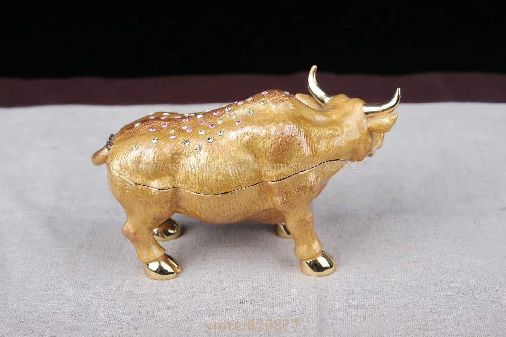 FengShui Full Crystal Design Wall Street Cow Statue Trinket Box Cow animal bejeweled trinket jewelry box figurine  ring holder