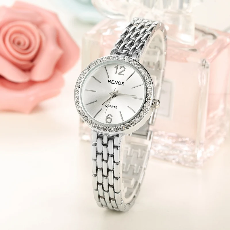 RENOS кварцевые часы для женщин с коробкой Стразы простой скелет браслет наручные