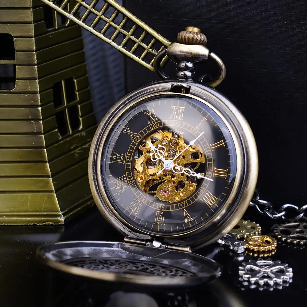 Vintage Bronze Tone Mechanical Pocket Watch FOB Chain Hollow Hunter Steampunk Skeleton Men Women Male Roman Analog Clock Watches | Наручные