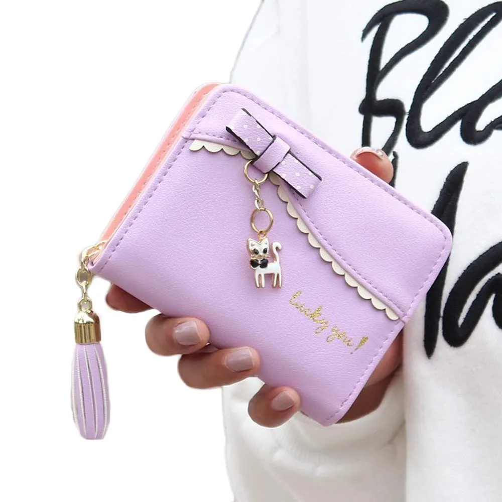 carteras mujer, женские кошельки, Дамская мода, подвеска в виде кошки, миниатюрный магический двойной кожаный кошелек, Женский держатель для карт, кошелек