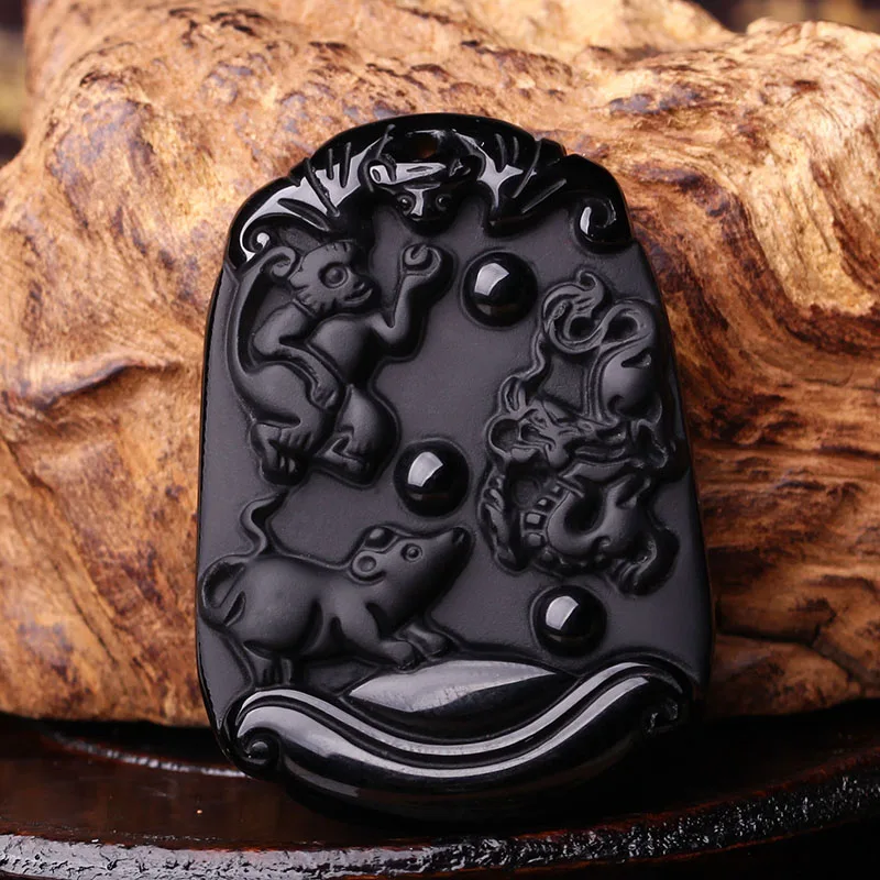 Прямая поставка натуральный черный обсидиан кулон резной китайский зодиак