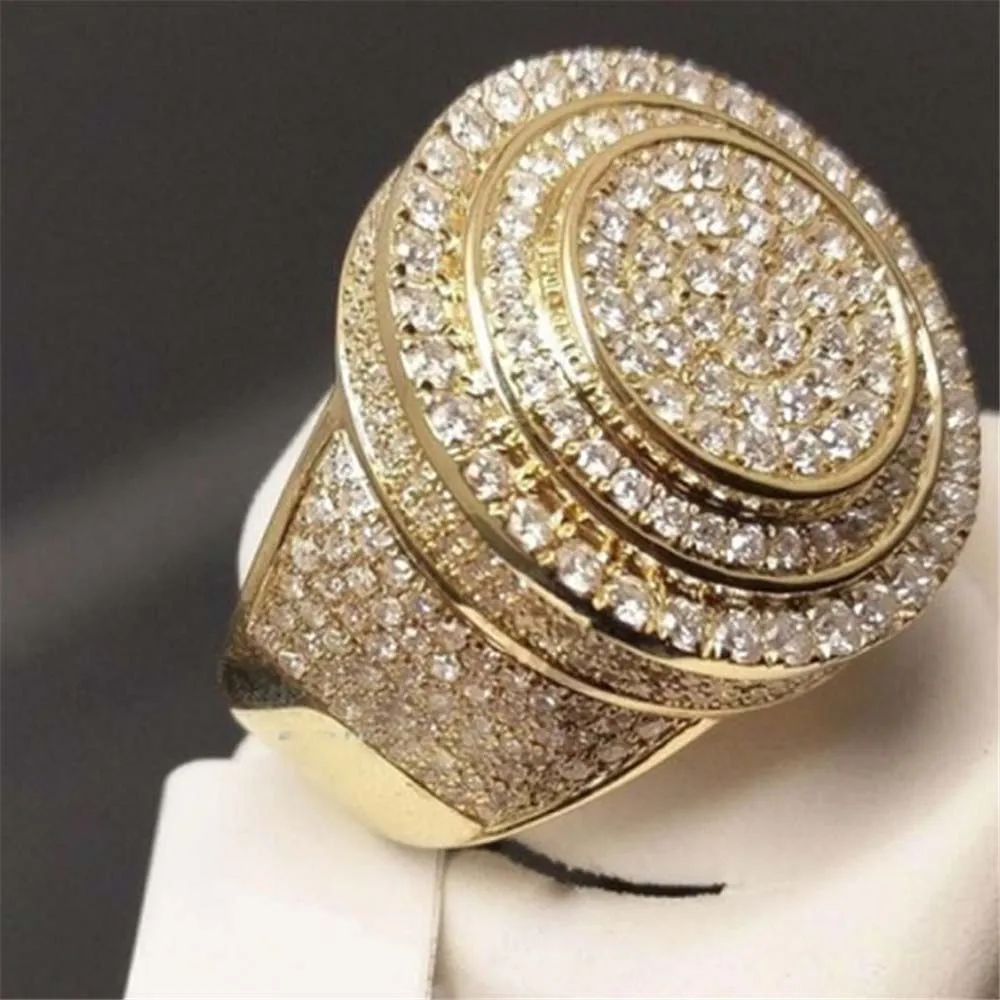 Bling Iced Out хип-хоп CZ Кольцо на палец с золотым покрытием Медь микро проложили AAA Циркон Большие Свадебные обручальные ювелирные изделия для мужчин