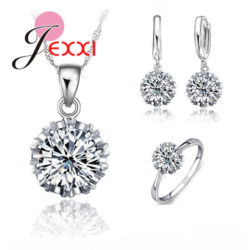 925 Sterling Silver Jewelry Sets For Women Big Stone CZ Cubic Zirconia Necklace/ Earring/ Ring Wedding Party | Украшения и
