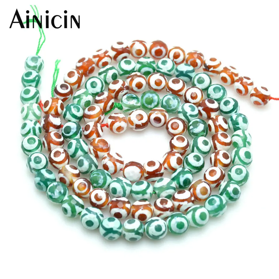 

10pcs High Quality 3 Eyes Green and Brown Color Faceted 6~10mm Round Shape DZI Beads For Jewelry Making Materials