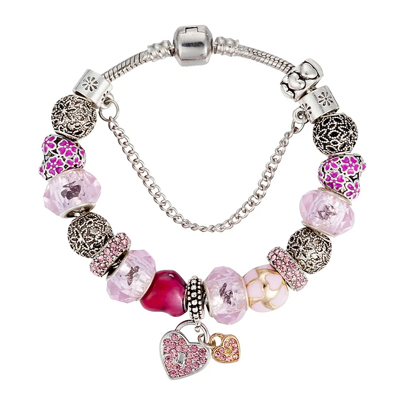 Heart Pendant Fashion Noble Elegant Charm Bracelets &amp Bangles With Pink Chamilia/Crystal/glass Beads Women Pand Bracelet | Украшения и