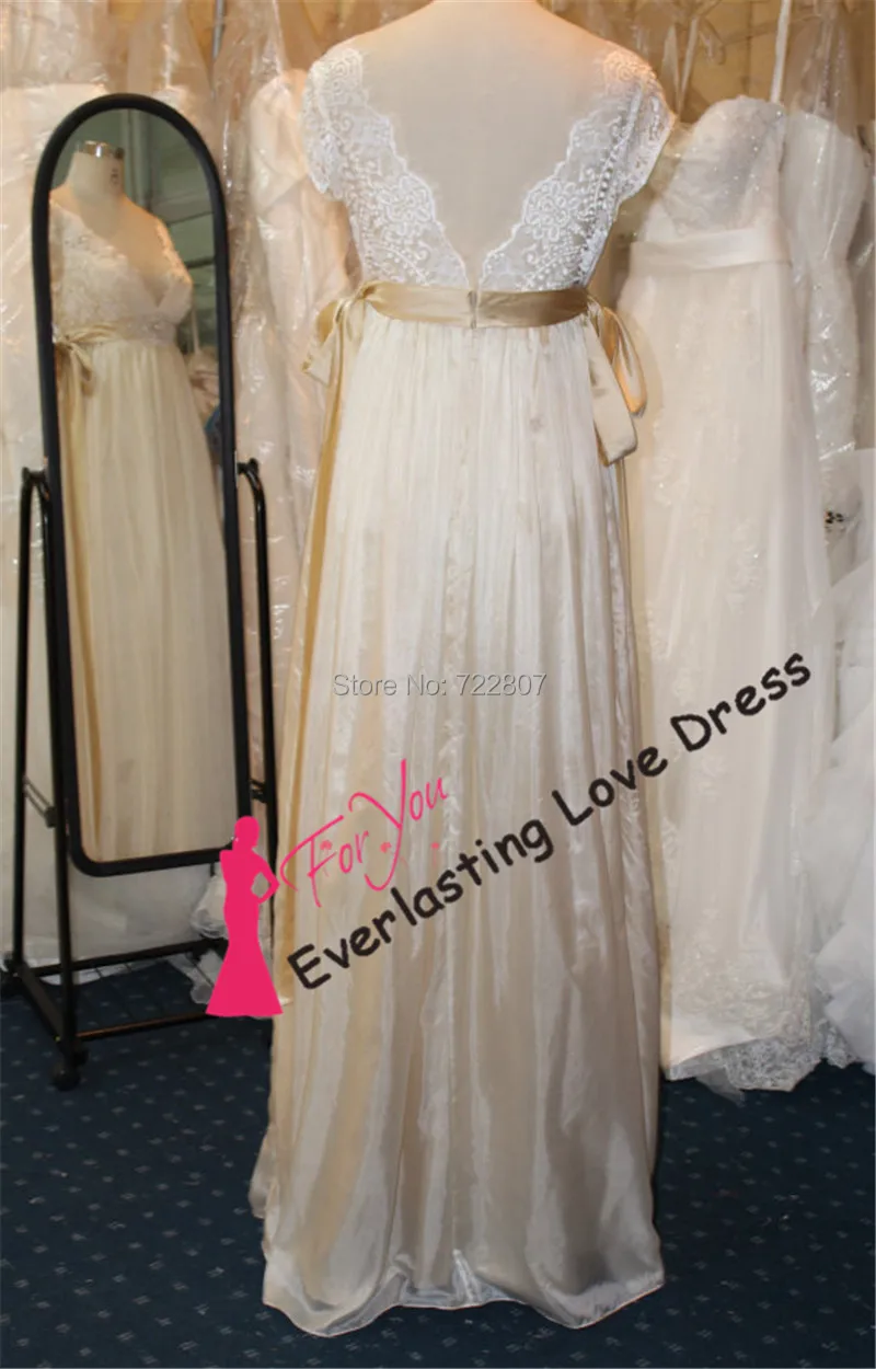 2014 Applique Beading Champagne Belt Inspired Lace Wedding Dress Open Back Cap Sleeves Empire Waist Maternity Bridal Gown | Свадьбы и
