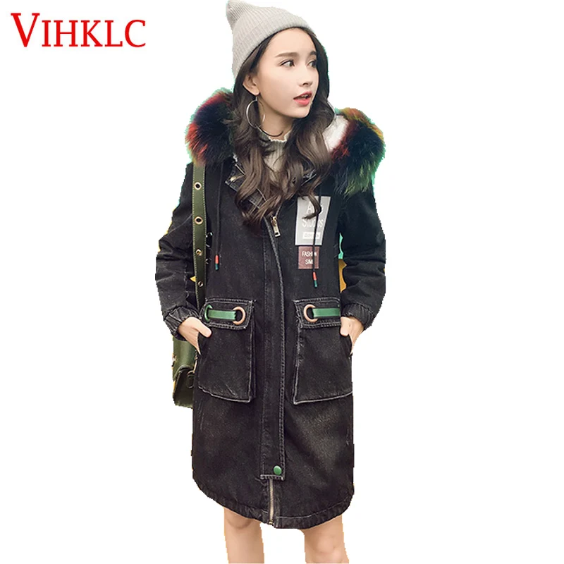 2017 Женская зимняя джинсовая куртка с капюшоном большой меховой воротник Толстая