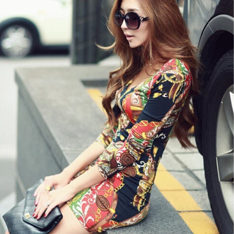 Sexy Florals Dresses Full Sleeve 2015 New Vogue Autumn Women Cotton Dress Print V-Neck Cherrykeke Slim Club | Женская одежда