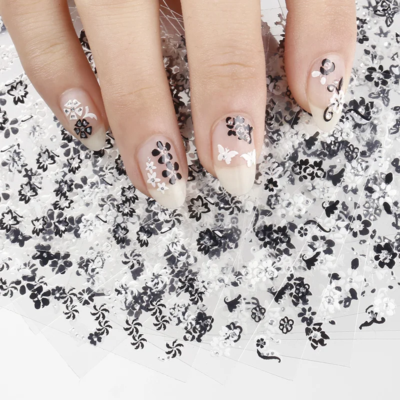 Blueness стикеры 3D на ногти Nail Art Красота лето 24 дизайн белый черный цветок Фольга
