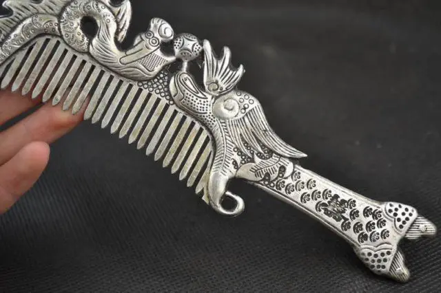 

old collectible decorated handmade tibet silver carved LongFeng lucky comb