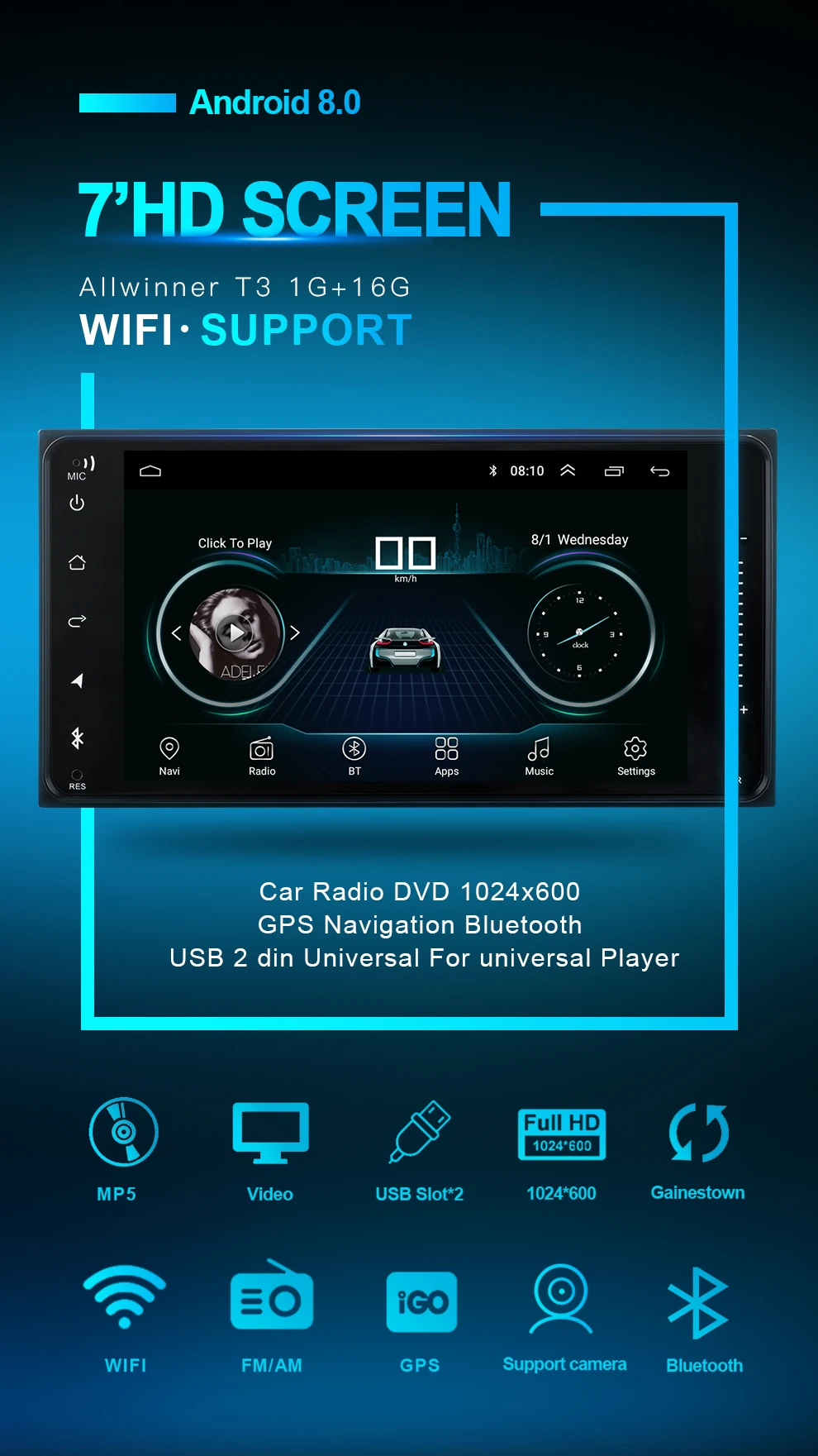 Android 8,1 Двойной Дин радио для Toyota Terios Старый Corolla Camry wifi Bluetooth gps навигация Универсальный Радио Емкостный