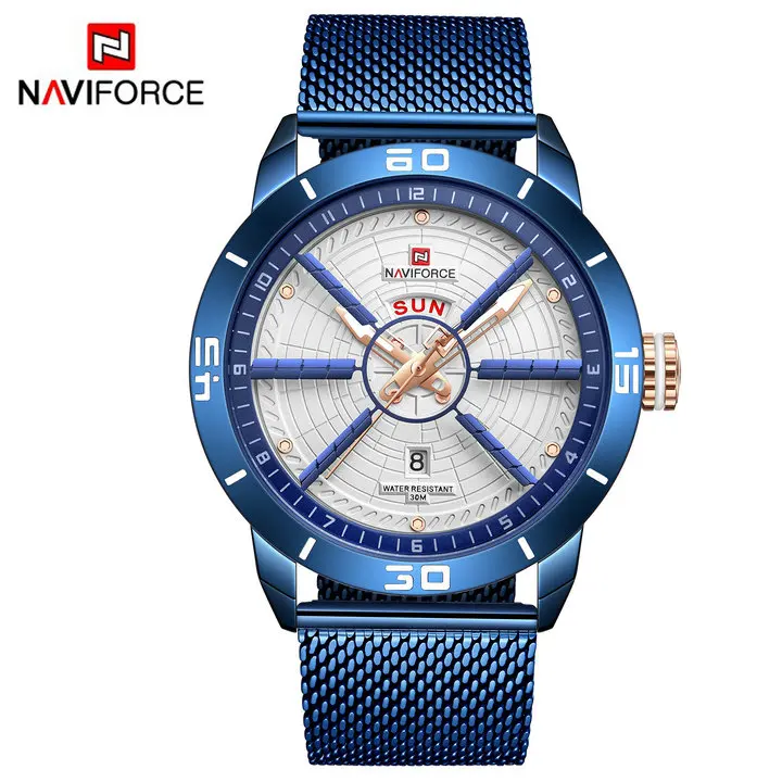BLUE WHITE NAVIFORCE синие часы для мужчин Мода 3D дизайн кварцевые мужские часы сетчатый ремешок Дата Неделя дисплей Водонепроницаемый Топ бренд класса люкс часы - Цвет: BLUE WHITE
