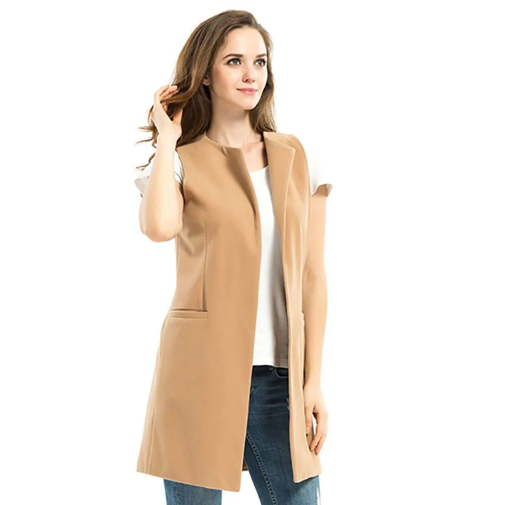 Autumn Women Wool Blend Vest Waistcoat Lady Long Coat Casual Sleeveless Pocket Jacket Plus Size YF809 | Женская одежда
