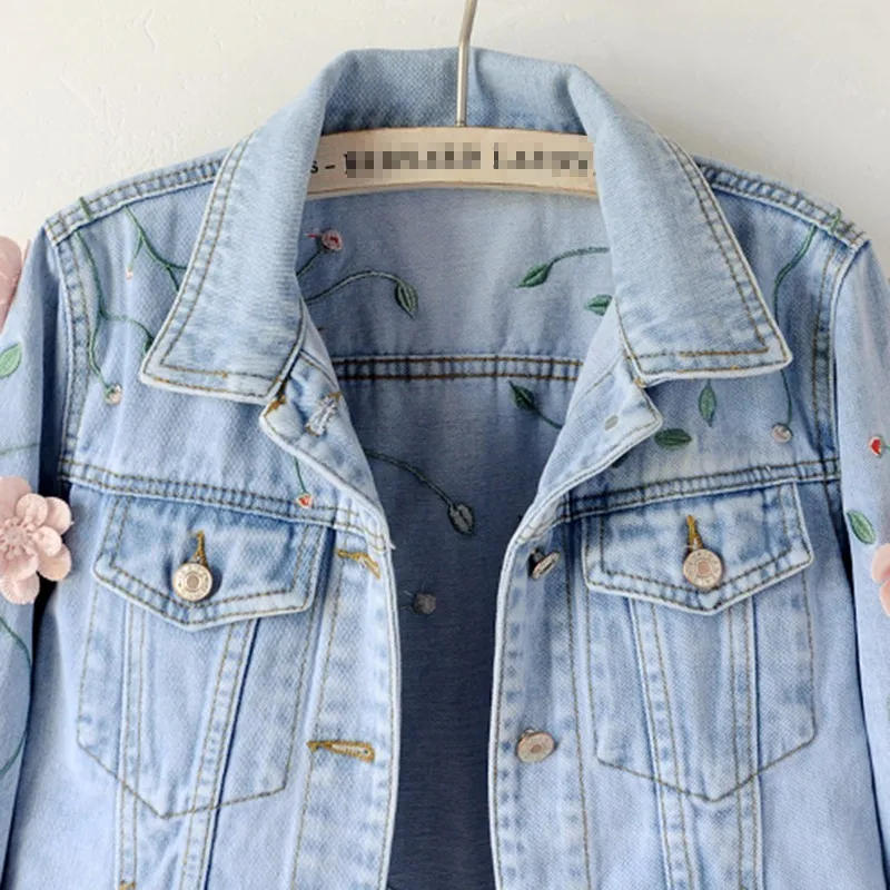 Женская джинсовая куртка с длинным рукавом цветочной вышивкой | одежда