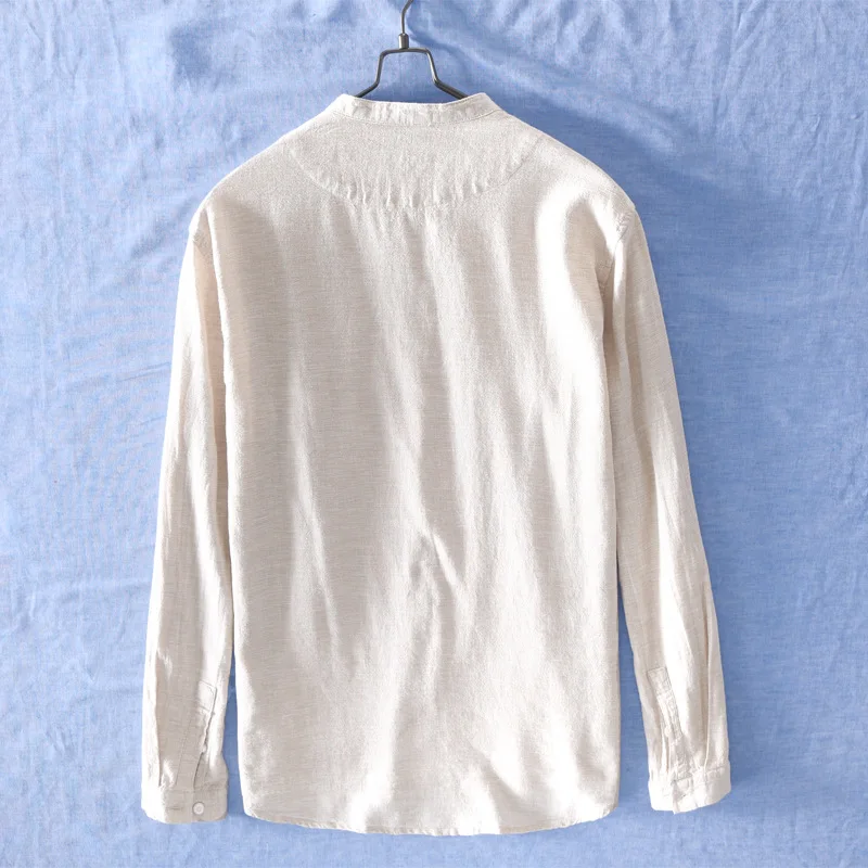 Мужская льняная хлопковая рубашка с воротником стойкой и длинным рукавом