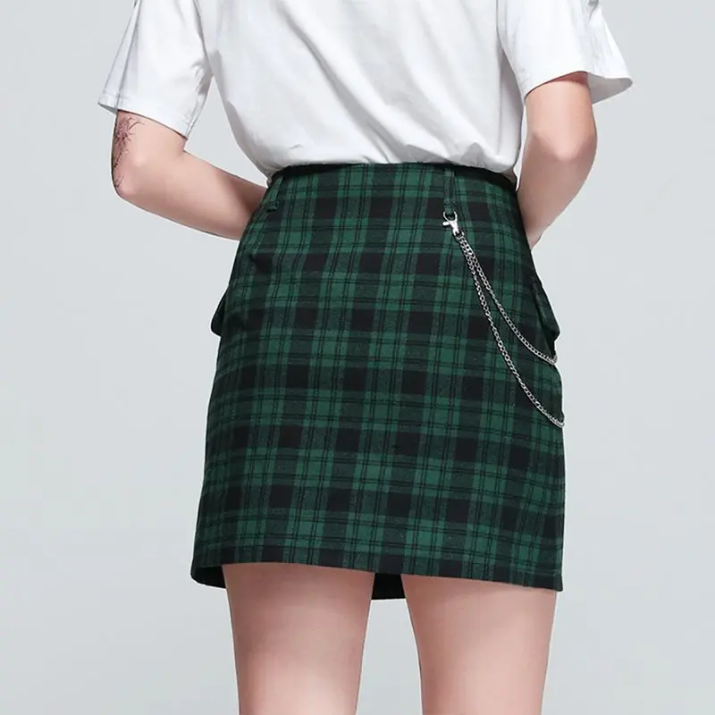 Зеленая клетчатая юбка женская цепочка в стиле панк рок хипстер Готическая