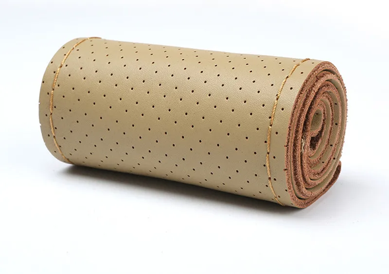 beige with hole DIY чехол на руль из натуральной кожи Uiversal 38 см, чехол на руль для внедорожника, оплетка на руль, автомобильные аксессуары - Color Name: beige with hole