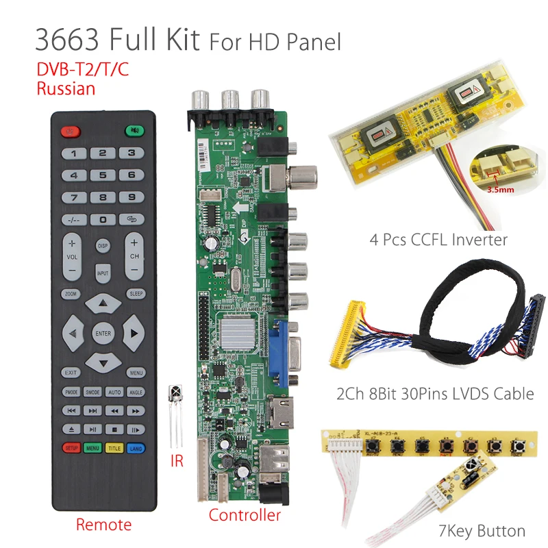 

3663 Digital Signal DVB-T2 DVB-T/C Universal LCD TV Controller Driver Board+7 Key Button+ 2Ch 8bit 30pin+ inverter 3463A Russian