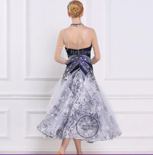 customized grey flower print ballroom dance dress adults women waltz dresses standard dr | Тематическая одежда и униформа