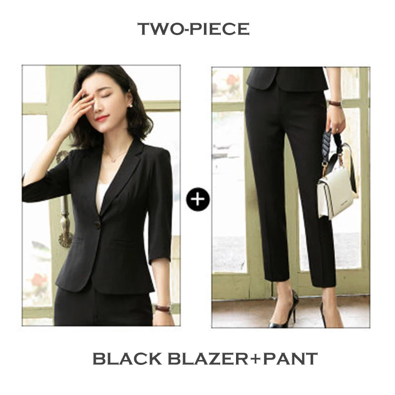 Black blazer-pant Летние плюс размерные куртки bluco mujer три четверти рукав Блейзер платье комплект из 2 предметов Женская офисная униформа брюки платье костюм для женщин - Цвет: Black blazer-pant