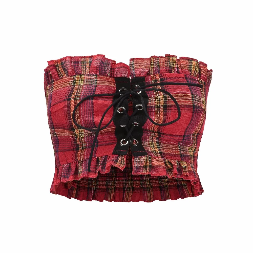 

Casual Women Tube Top Off Shoulder Plaid Ruffle Female Crop Top
