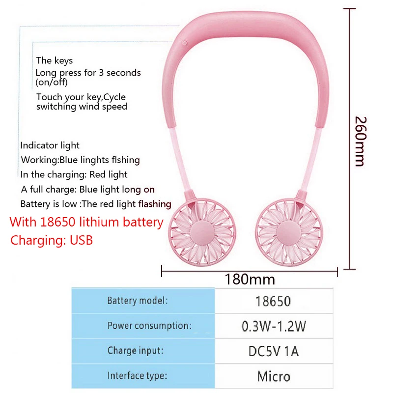 Pink 1 шт. USB портативный вентилятор для шеи с креплением на шею с аккумулятором 1200ма мини-спортивные вентиляторы 3 скорости регулируемые носимые вентиляторы - Цвет: Pink