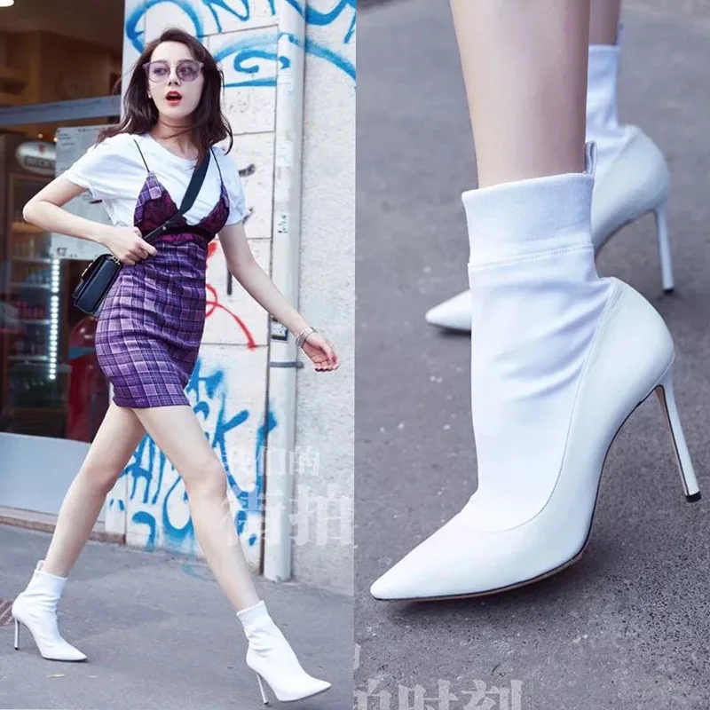 

Fashion spring autumn female elastic knitting short boots pointed toe thin high heel patchwork woman ankleboots white