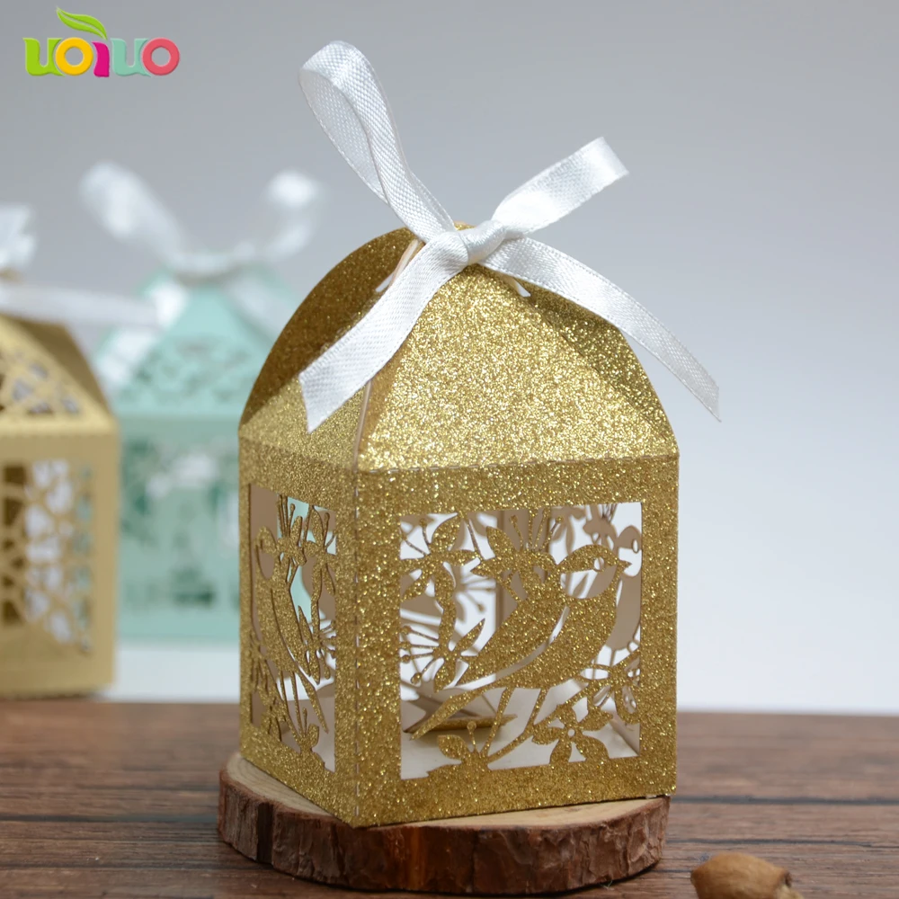 Glitter Metallic Rose Gold Navy Blue Candy Gift Boxes Wedding Party Candy Box With Ribbon New