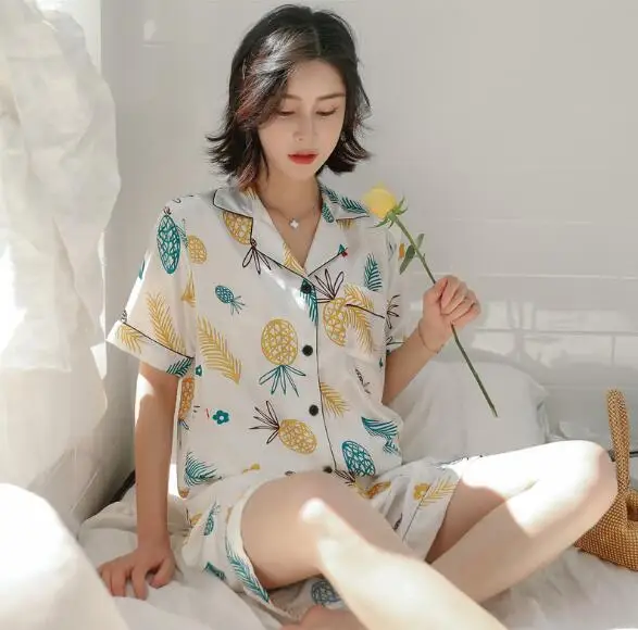 

Summer women 2 piece set casual print pijamas women short sleeve shorts sleepwear pajamas ladies nightwear pyjama femme 2019