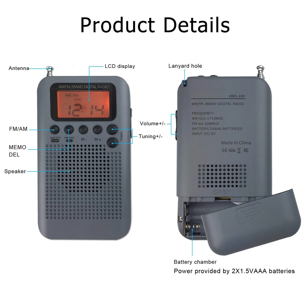 JINSERTA мини lcd цифровой FM/AM радио динамик с будильником и функцией отображения времени 3,5 мм разъем для наушников и зарядный кабель