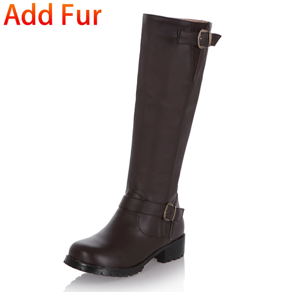 brown add fur SARAIRIS/осенне-зимние сапоги до колена на платформе размера плюс 34-43, модная женская обувь с ремешком и пряжкой, женские сапоги для верховой езды, feetwear - Color: brown add fur