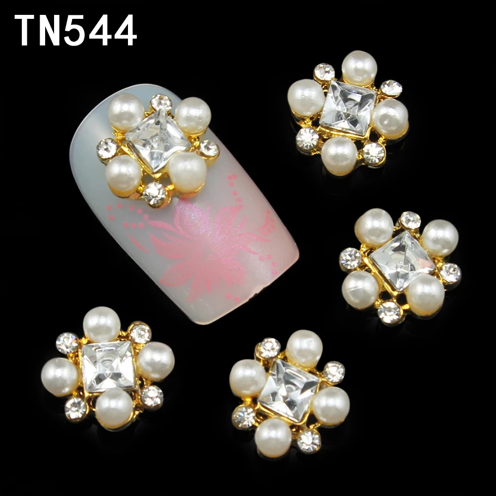 10 шт Блестящий сплав белый и золотой квадрат с жемчужины для дизайна ногтей