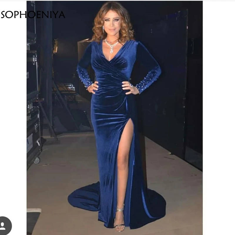 

New Arrival V Neck Long sleeve evening dresses 2020 Sexy Slit Muslim evening dress party Robe de soiree abiye abendkleider