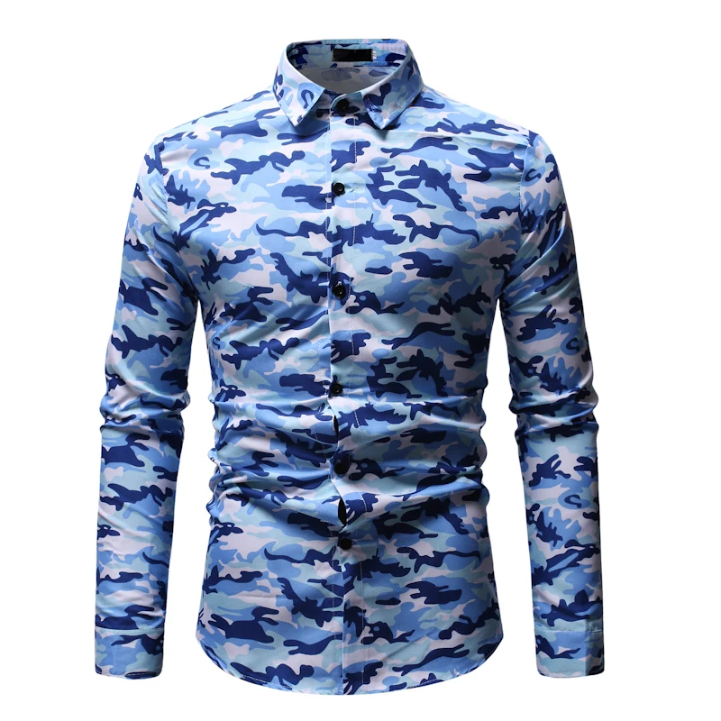 2019 модные брендовые рубашки-милитари для мужчин Slim Fit Chemise Homme камуфляжная Мужская