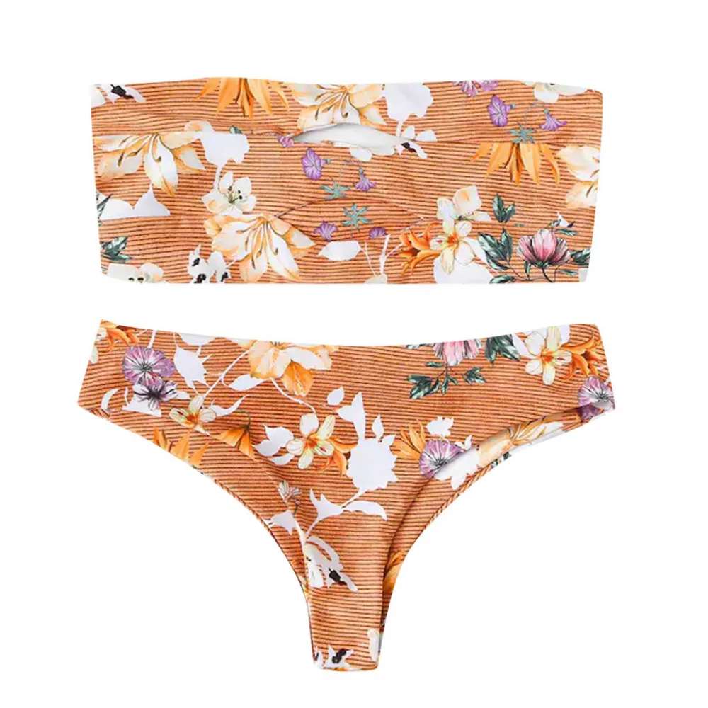 Монокини купальник для девочек однотонный бикини с цветочным принтом комплект