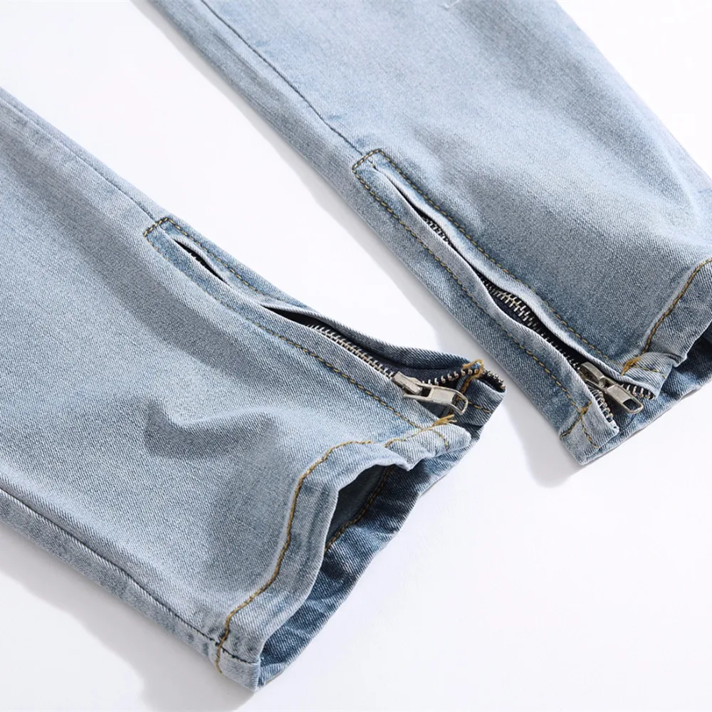 

YiQuanYiMei HOT Fashion casual Slim ripped jeans for men Fake Zippers skinny Hole biker jeans mens distressed jean Pants